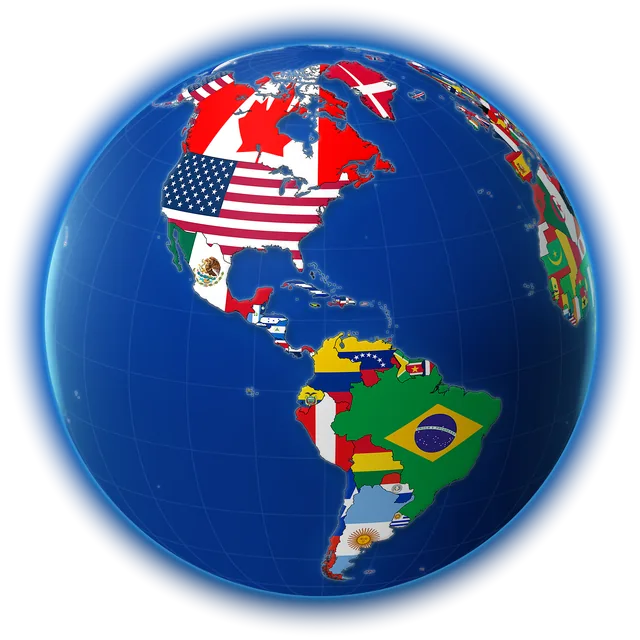 Il globo girato verso le Americhe, con ogni paese colorato con la sua bandiera