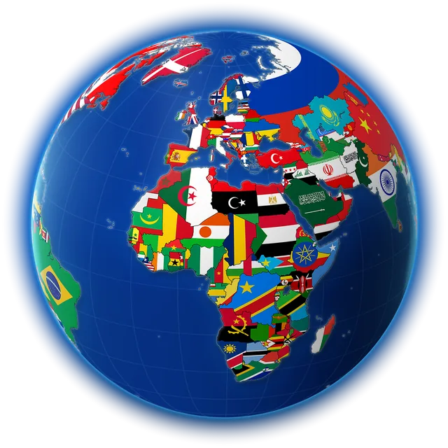 Il globo girato verso l’Europa e l’Africa, con ogni paese colorato con la sua bandiera